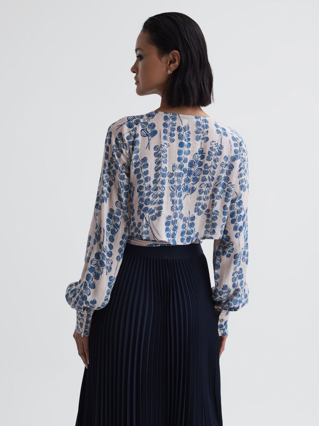 Reiss Tops | Sadie Cropped Printed Belted Blouse Pink/blue - Women
