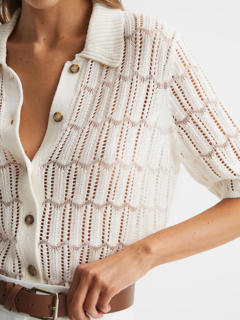 Reiss Tops | Savannah Short Sleeve Crochet Shirt Ivory - Women
