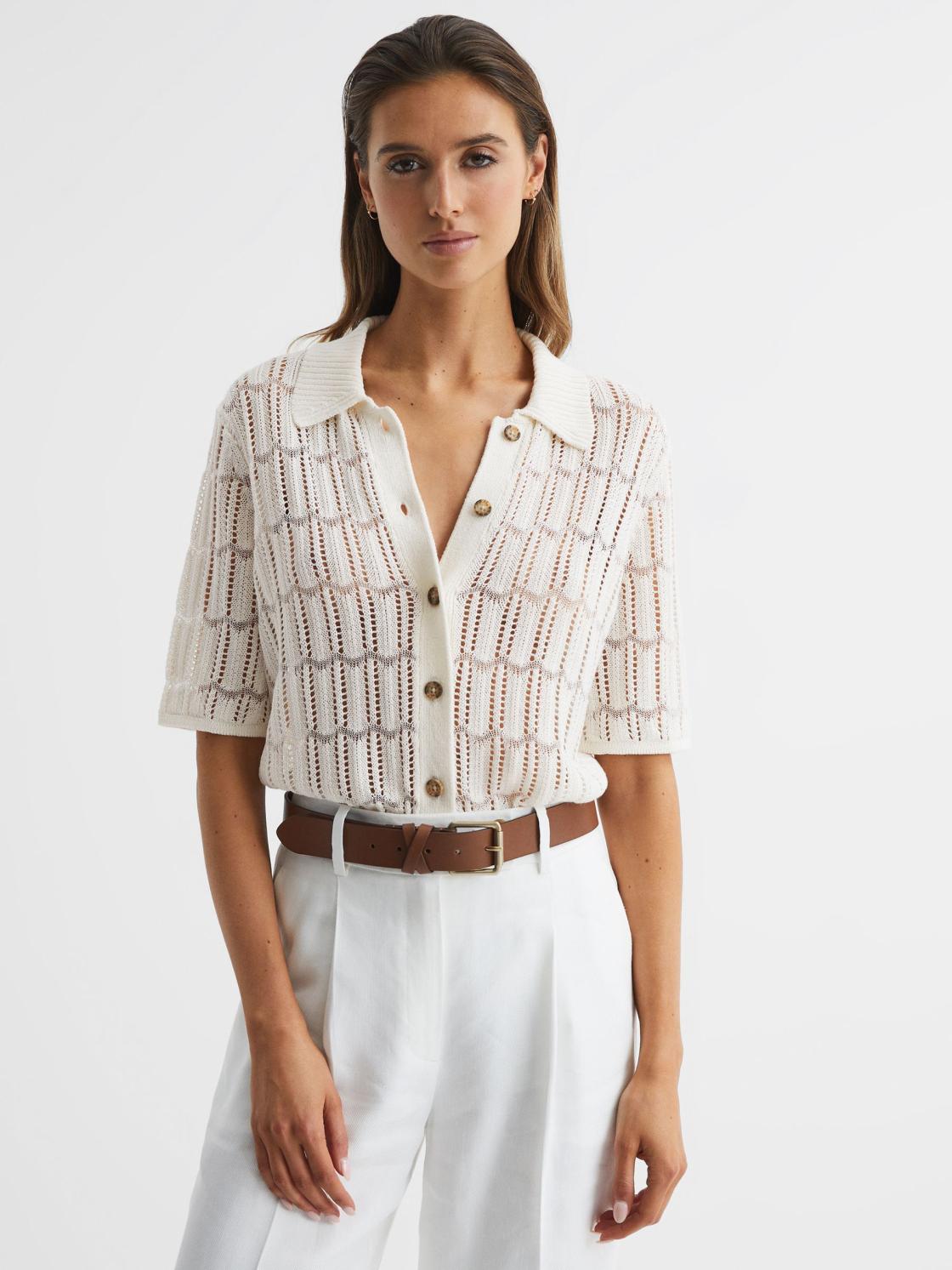 Reiss Tops | Savannah Short Sleeve Crochet Shirt Ivory - Women
