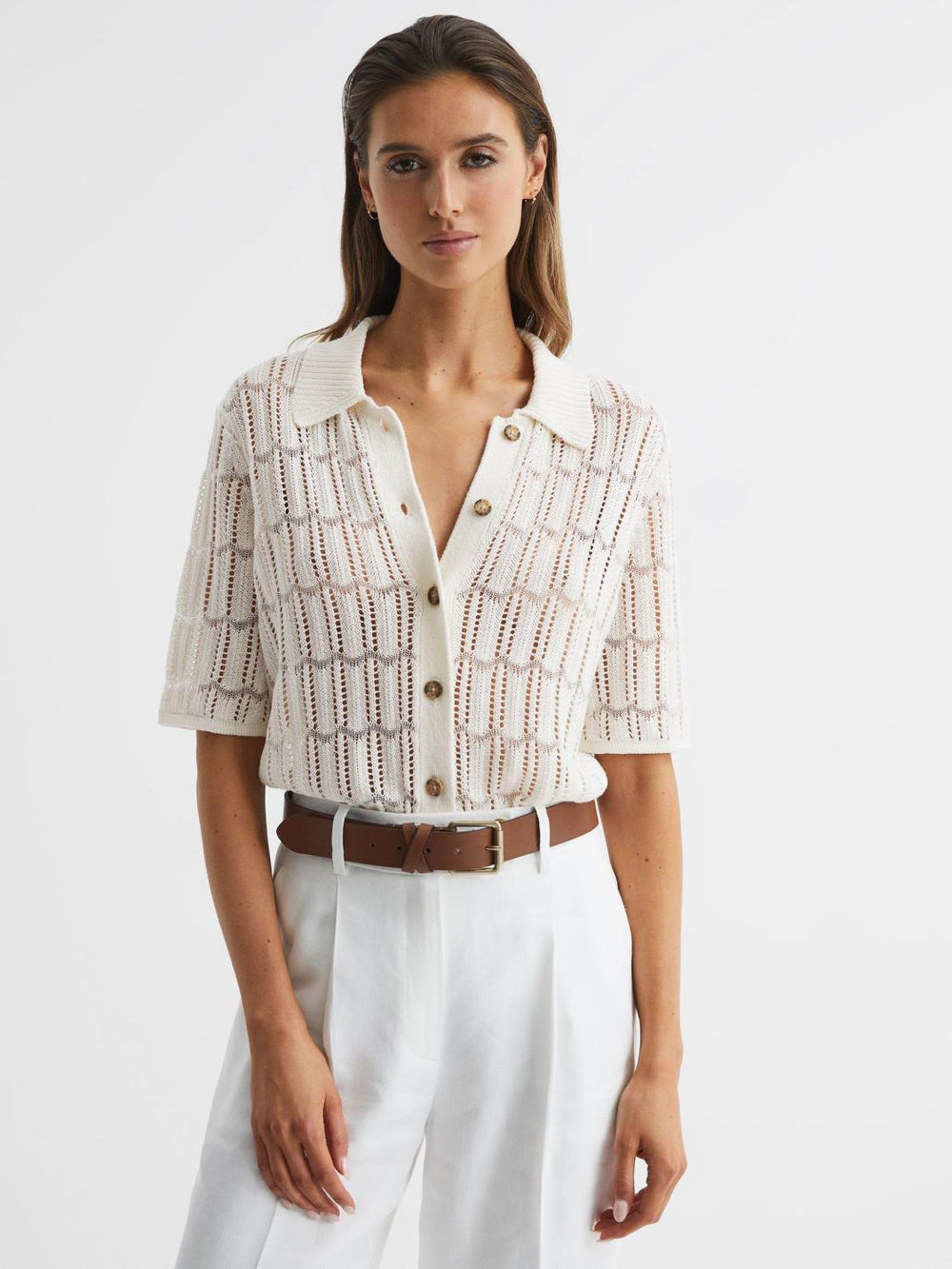 Reiss Tops | Savannah Short Sleeve Crochet Shirt Ivory - Women