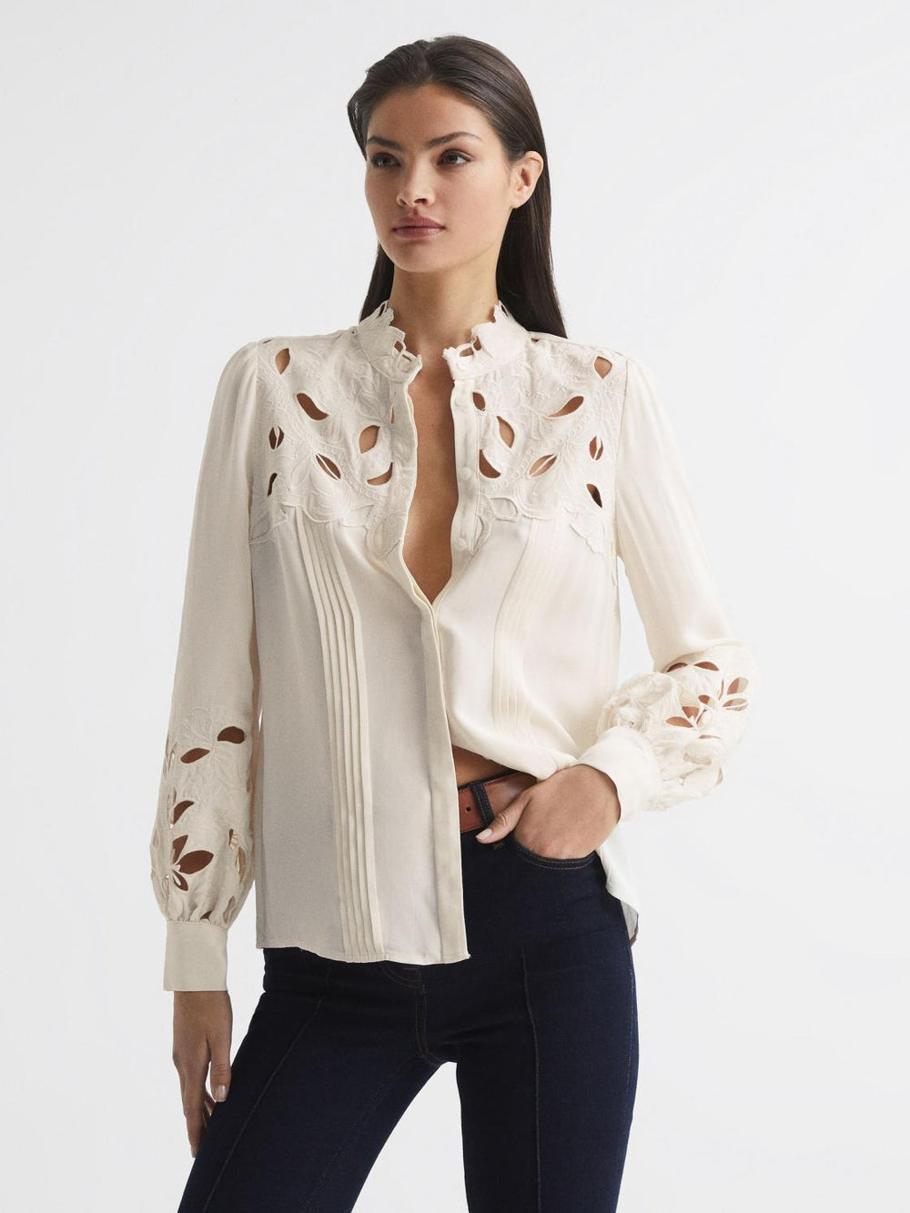 Reiss Tops | Sophie Lace Detail Shirt Blouse Cream - Women