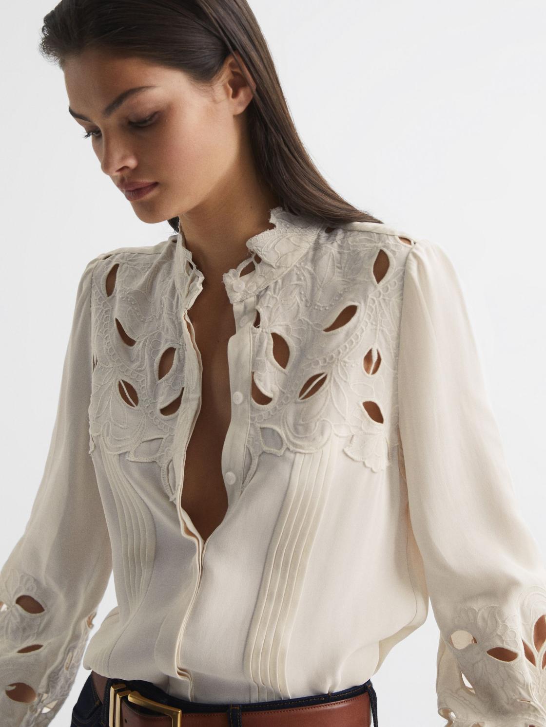 Reiss Tops | Sophie Lace Detail Shirt Blouse Cream - Women