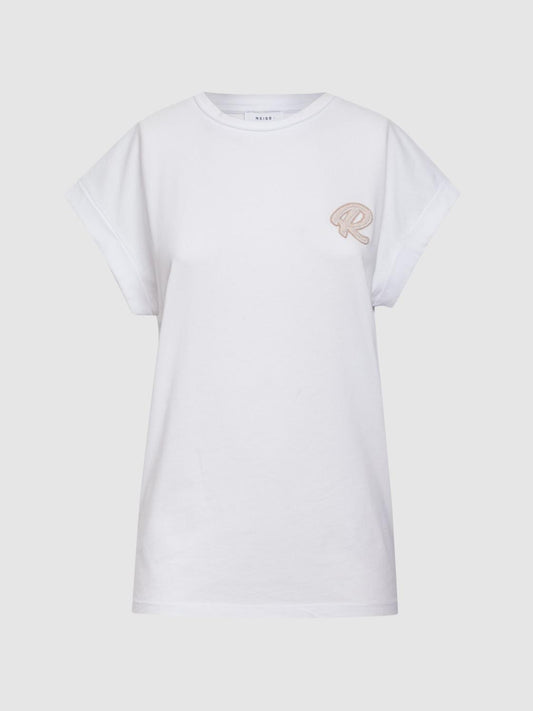 Reiss Tops | Tara Cotton Motif Crew Neck T-Shirt White - Women