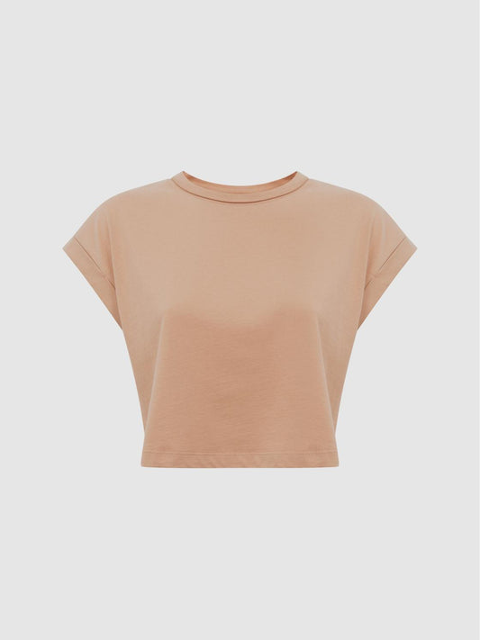 Reiss Tops | Terry Cotton Crew Neck Crop Top Camel - Women