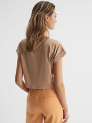 Reiss Tops | Terry Cotton Crew Neck Crop Top Camel - Women