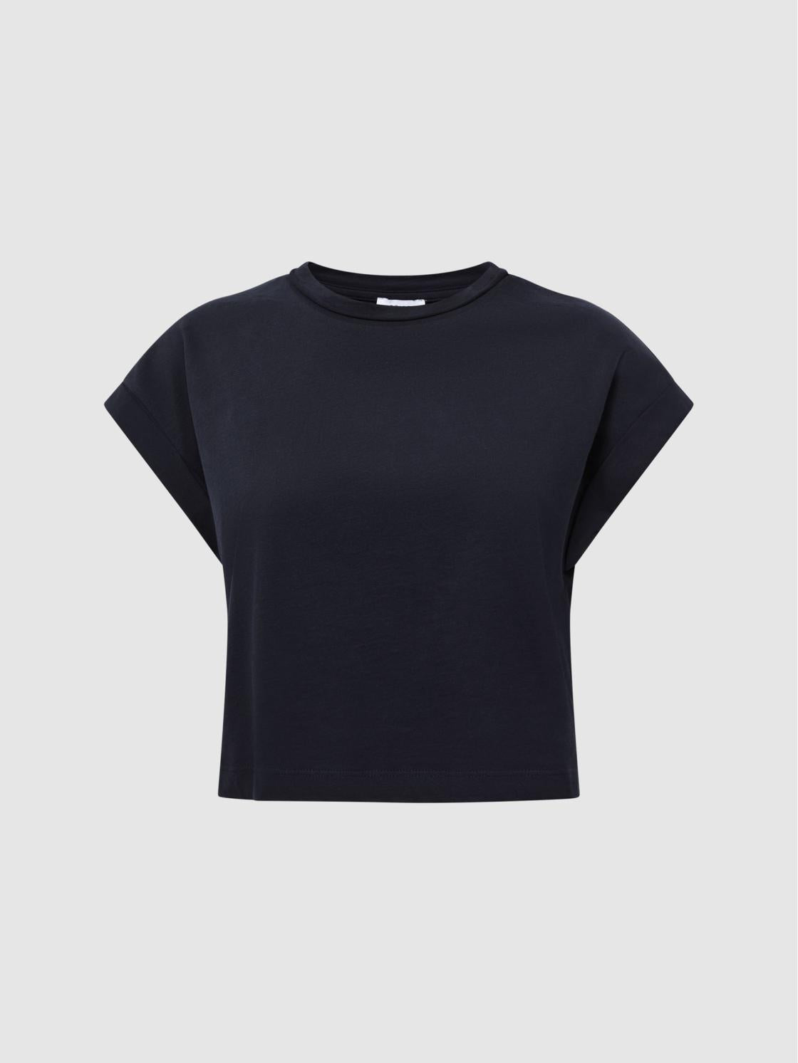 Reiss Tops | Terry Cotton Crew Neck Crop Top Navy - Women