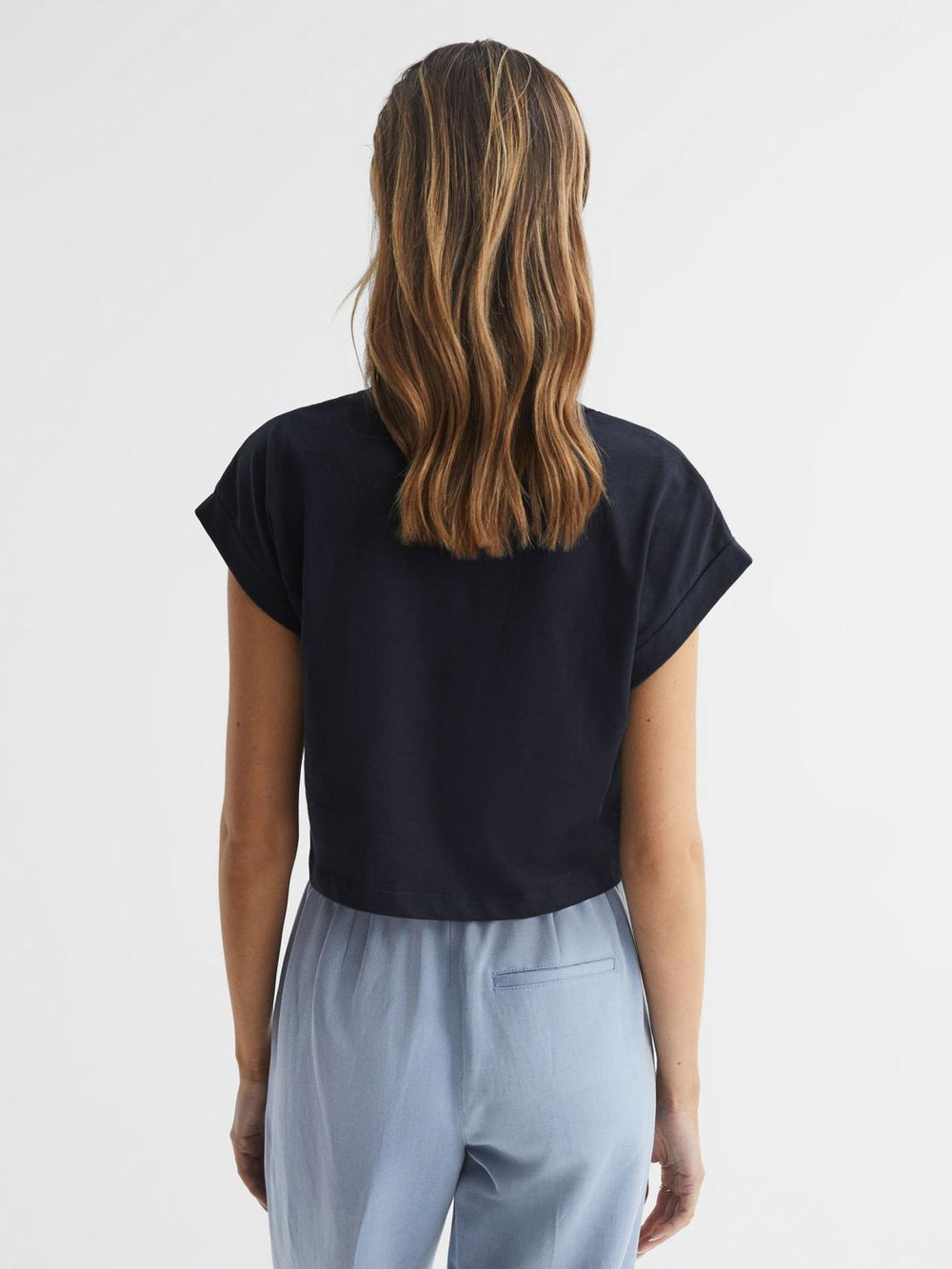 Reiss Tops | Terry Cotton Crew Neck Crop Top Navy - Women