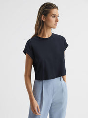 Reiss Tops | Terry Cotton Crew Neck Crop Top Navy - Women