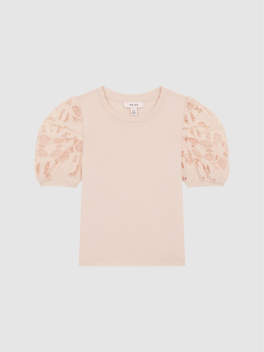 Reiss Tops &amp; Tshirts | Alberta Floral Lace Puff Sleeve T-Shirt Pink - Children