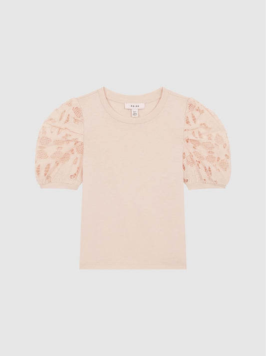 Reiss Tops &amp; Tshirts | Alberta Floral Lace Puff Sleeve T-Shirt Pink - Children