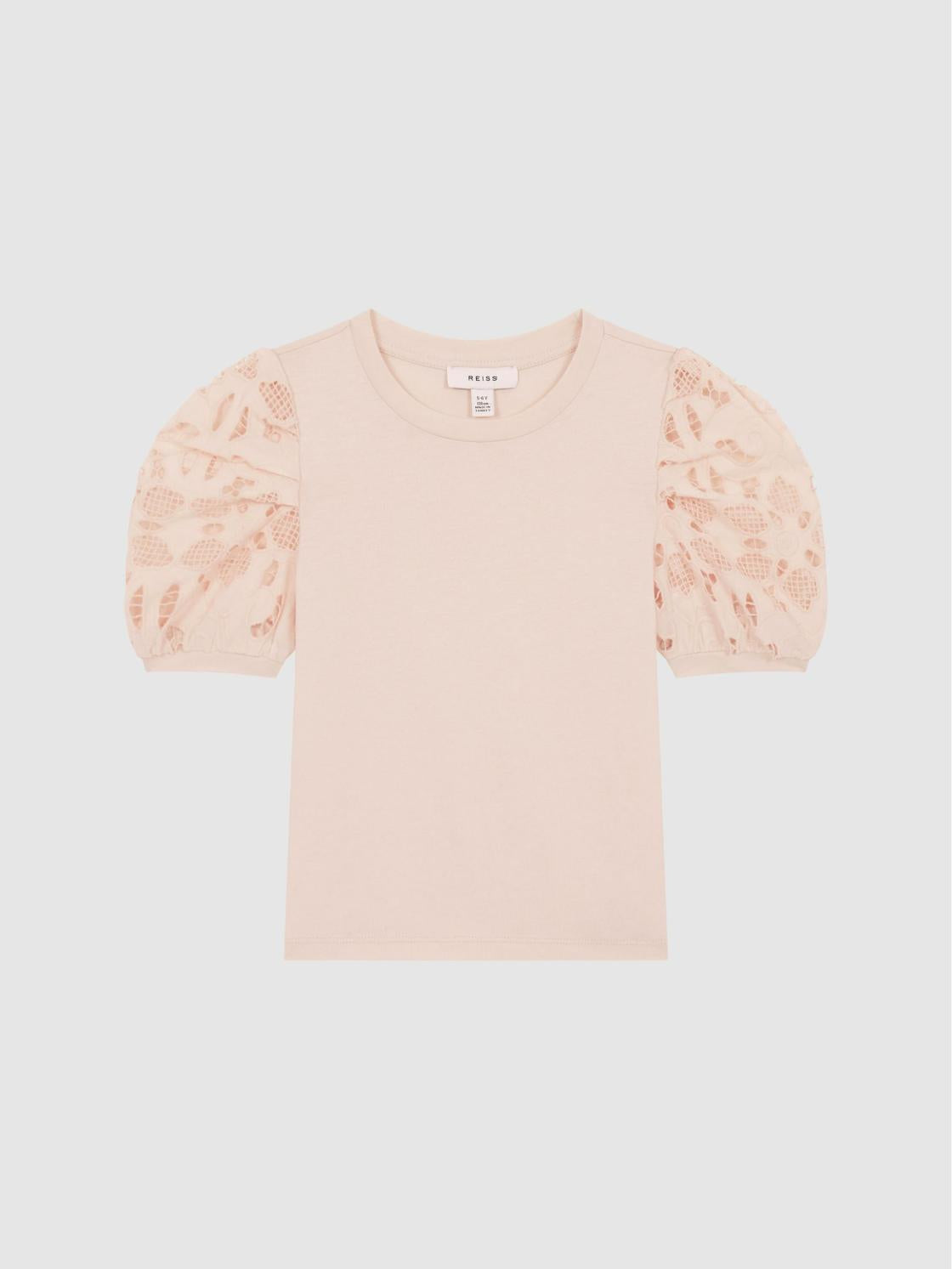 Reiss Tops &amp; Tshirts | Alberta Floral Lace Puff Sleeve T-Shirt Pink - Children