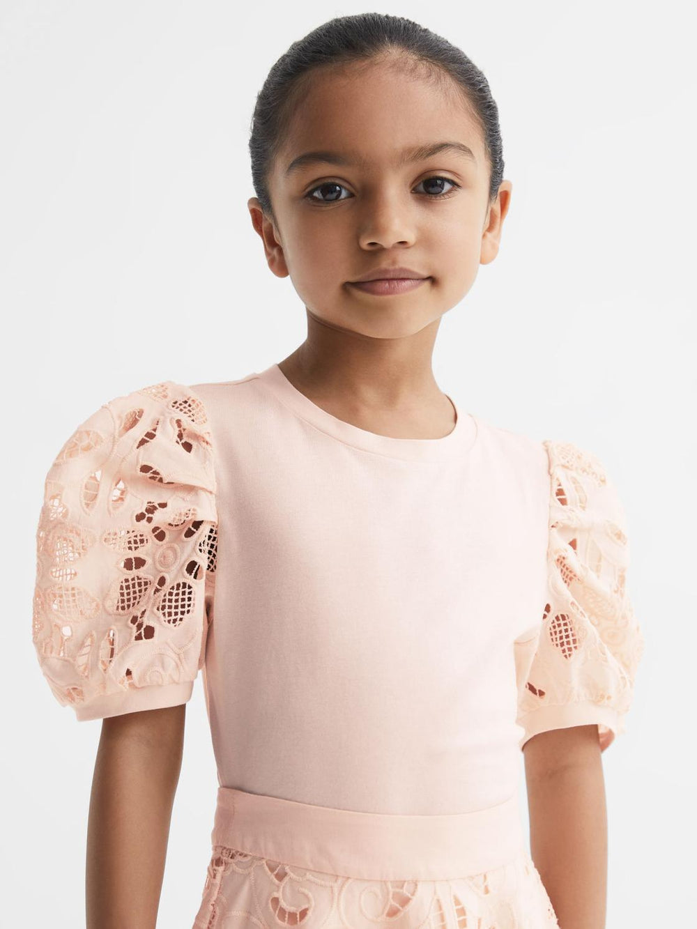Reiss Tops &amp; Tshirts | Alberta Floral Lace Puff Sleeve T-Shirt Pink - Children