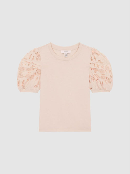 Reiss Tops &amp; Tshirts | Alberta Floral Lace Puff Sleeve T-Shirt Pink - Children
