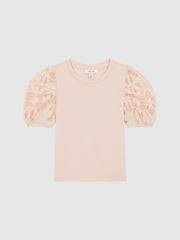 Reiss Tops &amp; Tshirts | Alberta Floral Lace Puff Sleeve T-Shirt Pink - Children