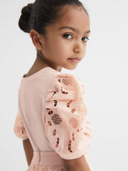 Reiss Tops &amp; Tshirts | Alberta Floral Lace Puff Sleeve T-Shirt Pink - Children