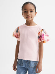 Reiss Tops &amp; Tshirts | Amira Floral Print Puff Sleeve T-Shirt Ivory - Children