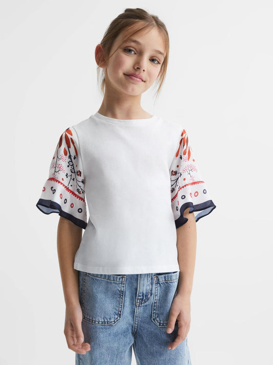 Reiss Tops &amp; Tshirts | Anastasia Flared Printed Sleeve T-Shirt White - Children