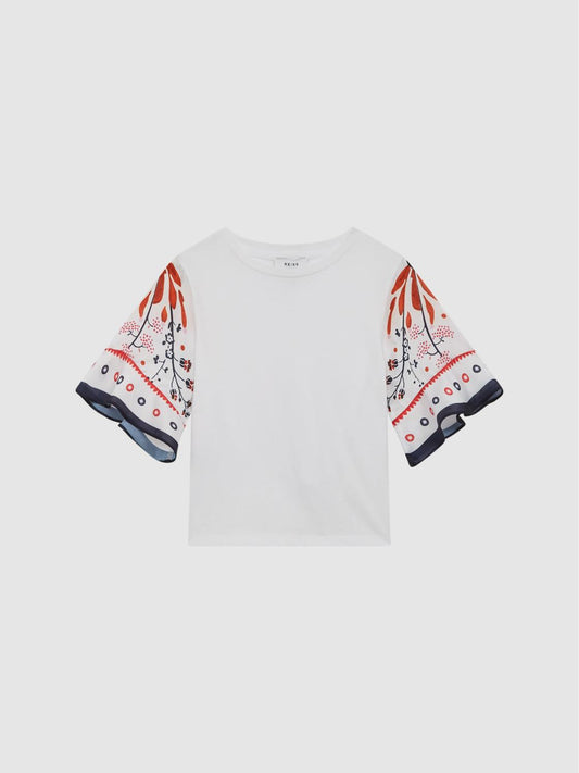 Reiss Tops &amp; Tshirts | Anastasia Flared Printed Sleeve T-Shirt White - Children
