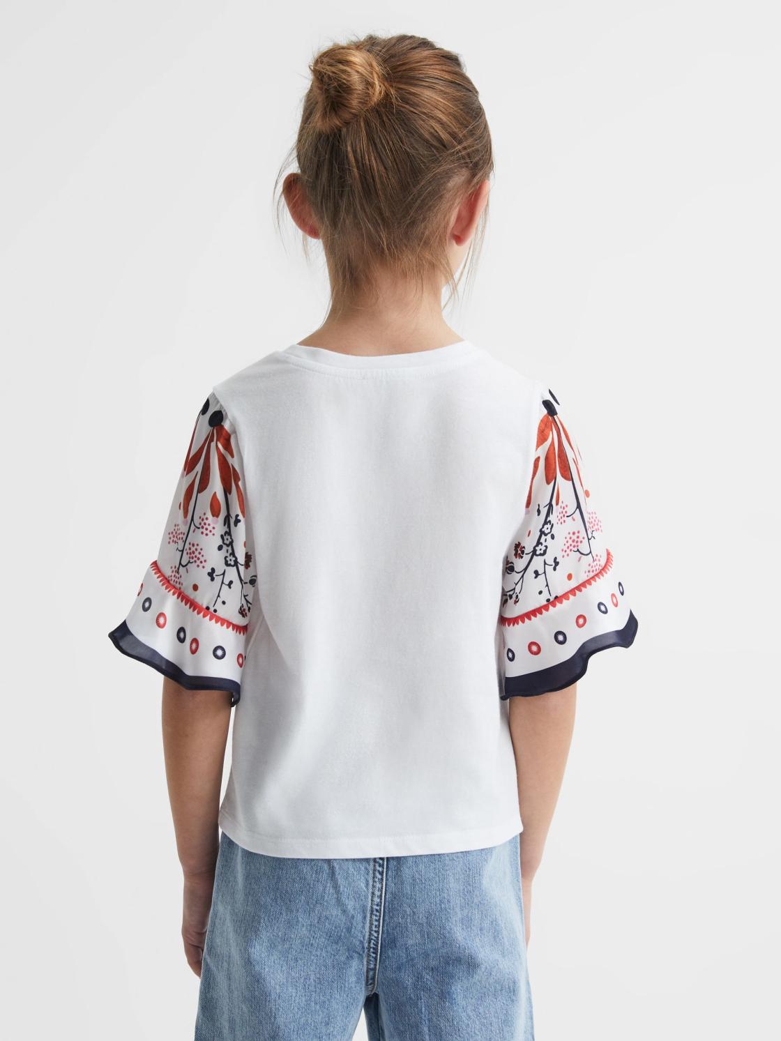 Reiss Tops &amp; Tshirts | Anastasia Flared Printed Sleeve T-Shirt White - Children