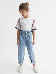 Reiss Tops &amp; Tshirts | Anastasia Flared Printed Sleeve T-Shirt White - Children