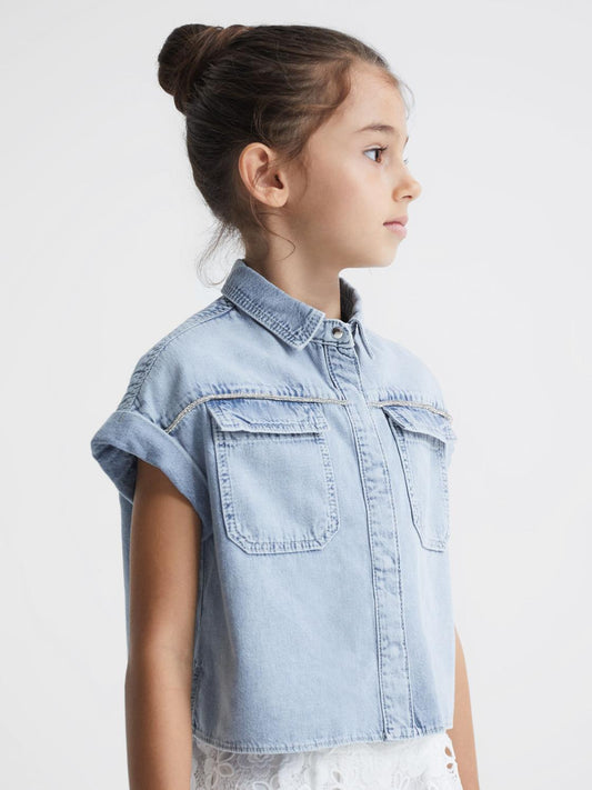 Reiss Tops &amp; Tshirts | Sandie Denim Crop Top Mid Blue - Children