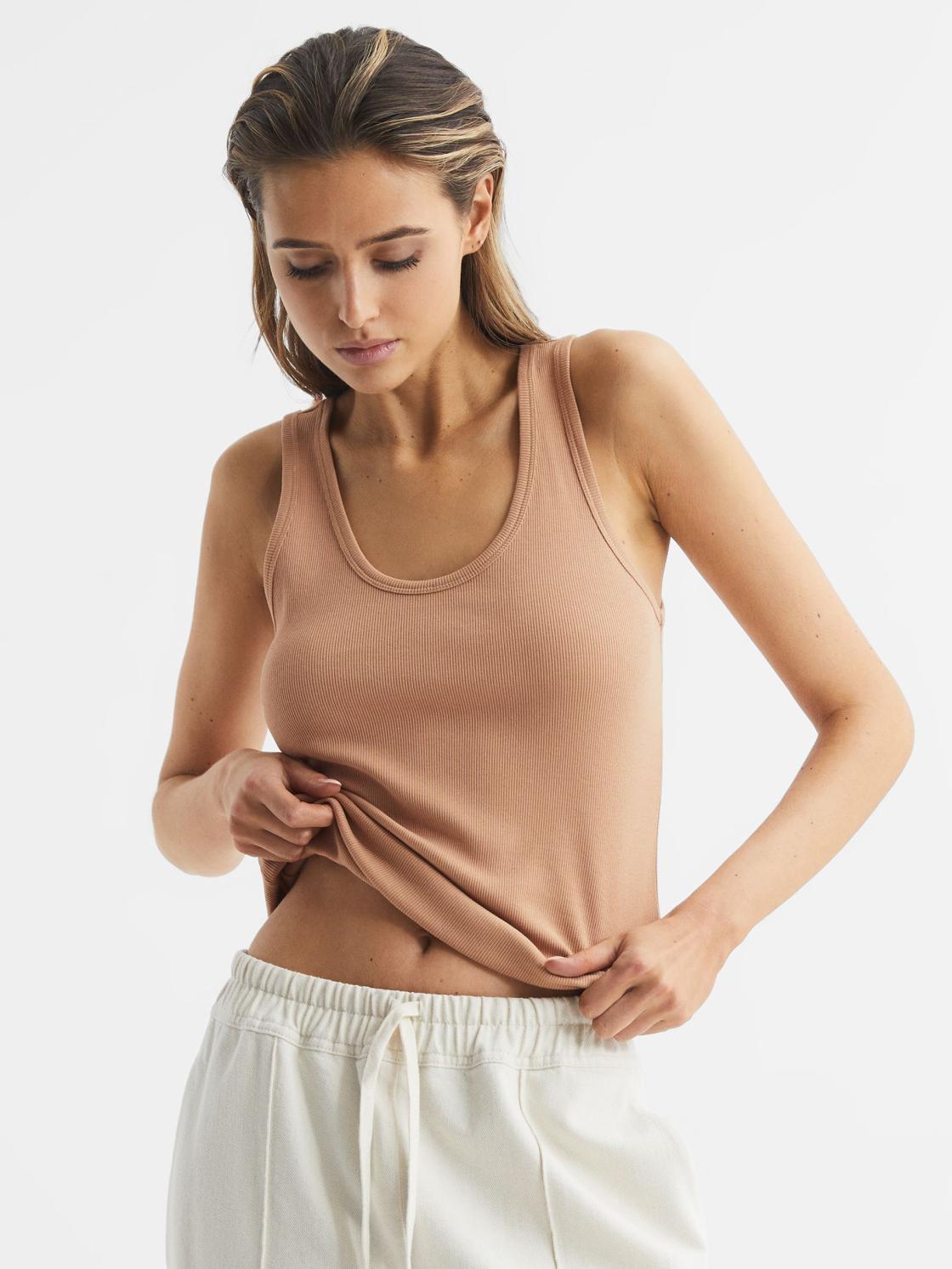 Reiss Tops | Violet Scoop Neck Ribbed Jersey Vest Top Camel - Women