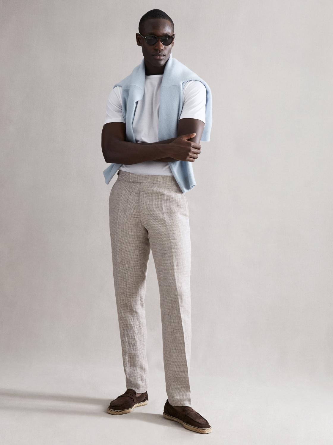 Reiss Trousers | Angel Slim Fit Linen Puppytooth Trousers Oatmeal Melange - Men