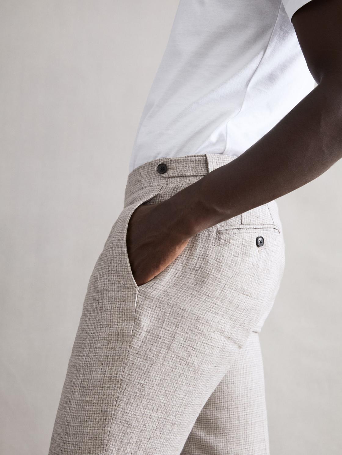 Reiss Trousers | Angel Slim Fit Linen Puppytooth Trousers Oatmeal Melange - Men
