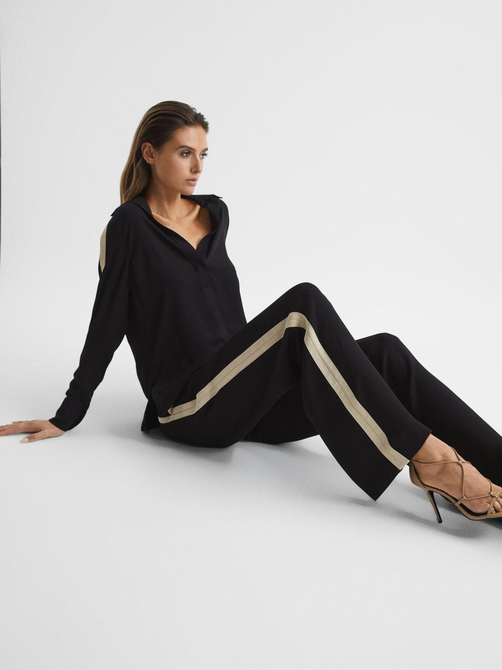 Reiss Trousers | Aria Wide Leg Stripe Trousers Black - Women