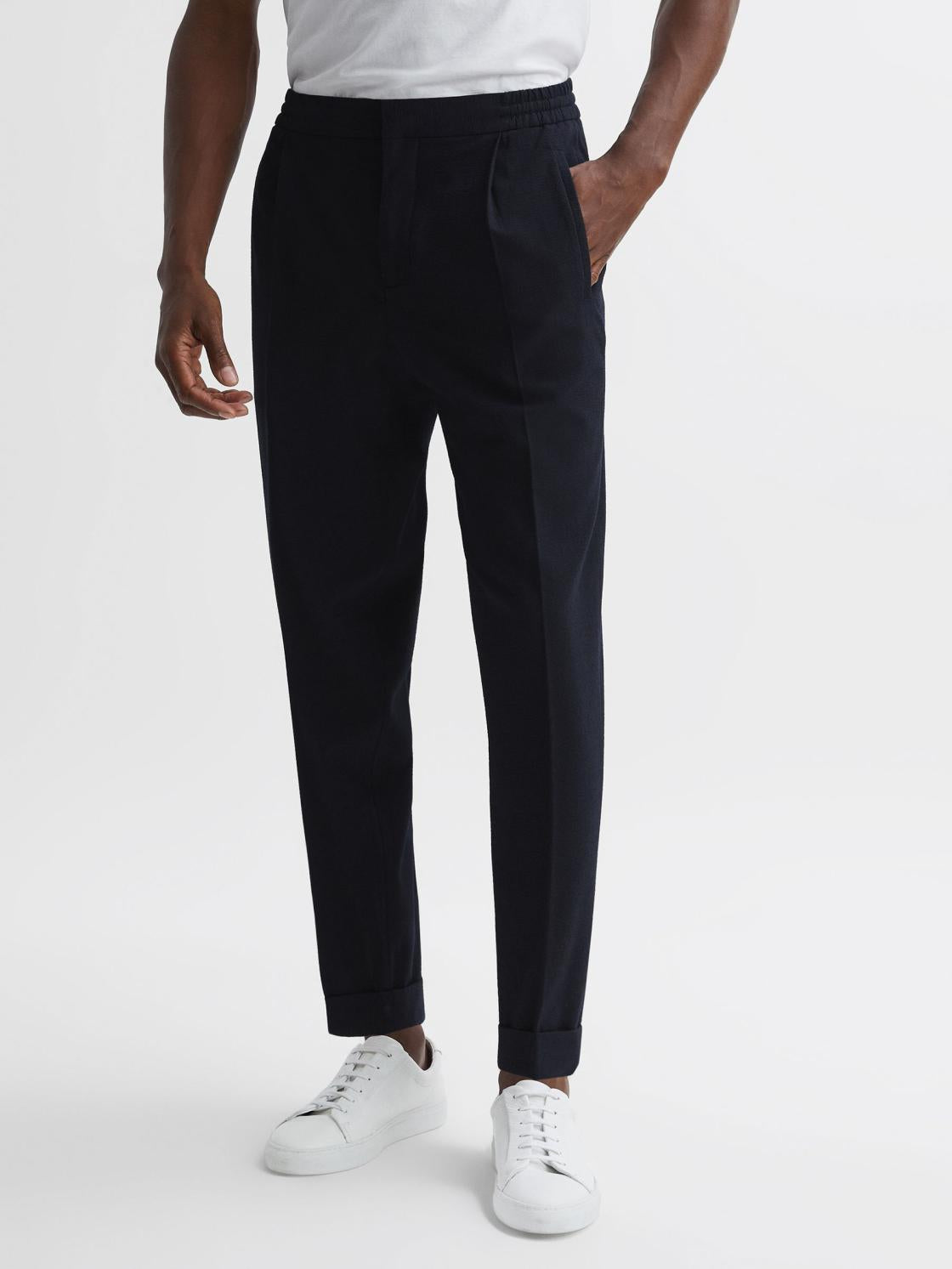 Reiss Trousers | Berry Seersucker Elasticated Trousers Navy - Men