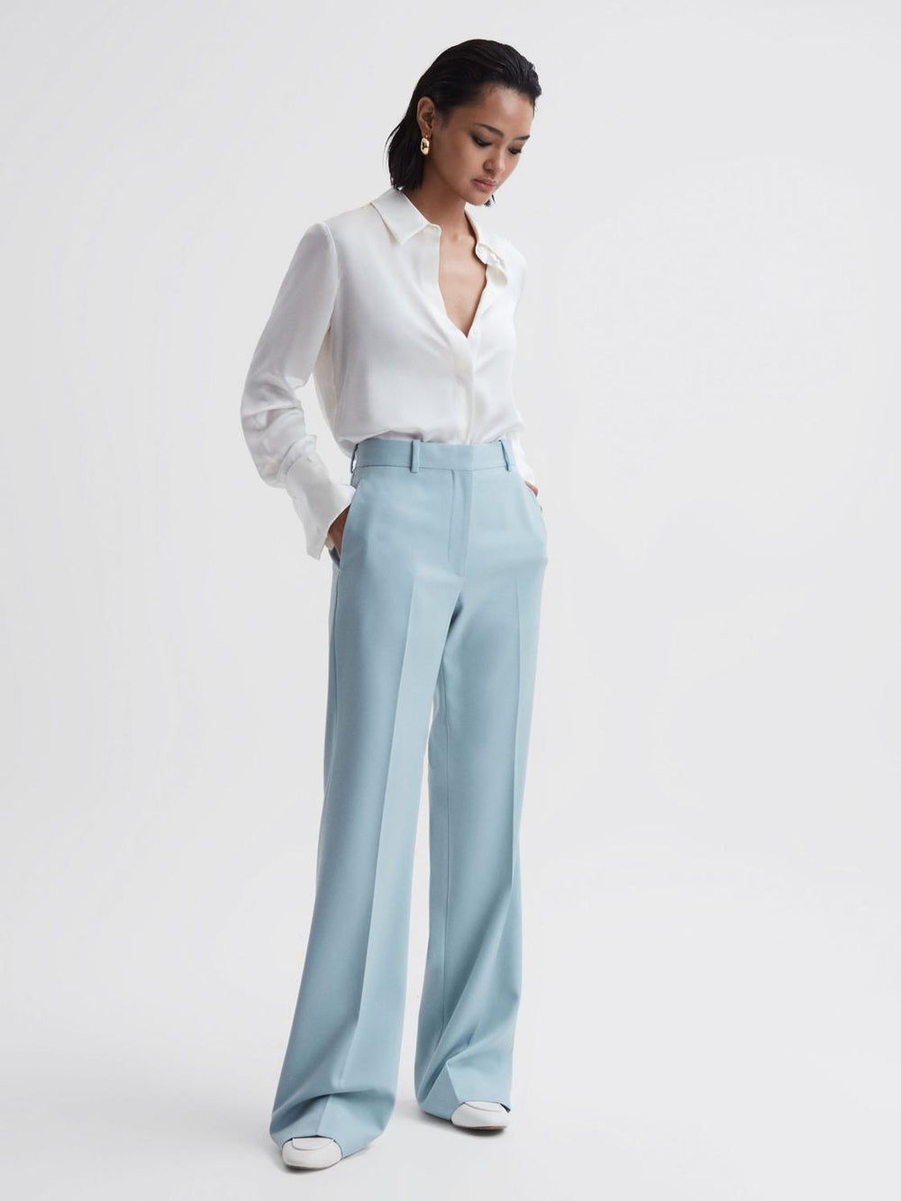 Reiss Trousers | Clara Wide Leg Wool Blend Trousers Blue - Women