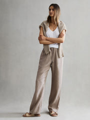 Reiss Trousers | Cleo Linen Wide Leg Drawstring Trousers Mink - Women