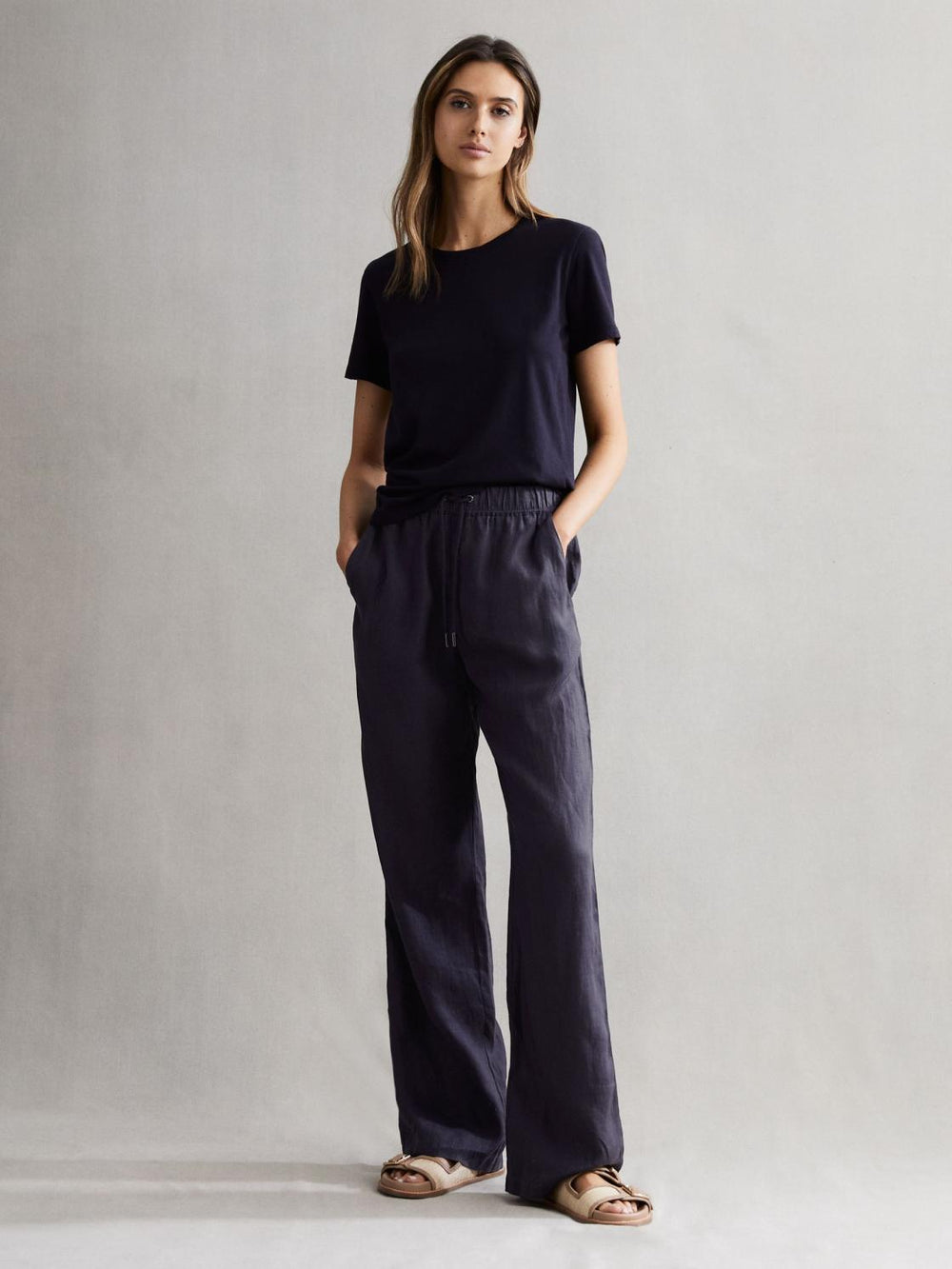 Reiss Trousers | Cleo Linen Wide Leg Drawstring Trousers Mink - Women