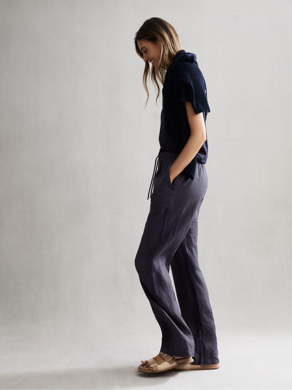 Reiss Trousers | Cleo Linen Wide Leg Drawstring Trousers Mink - Women