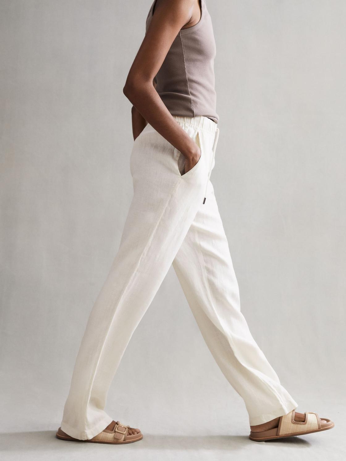Reiss Trousers | Cleo Linen Wide Leg Drawstring Trousers Mink - Women