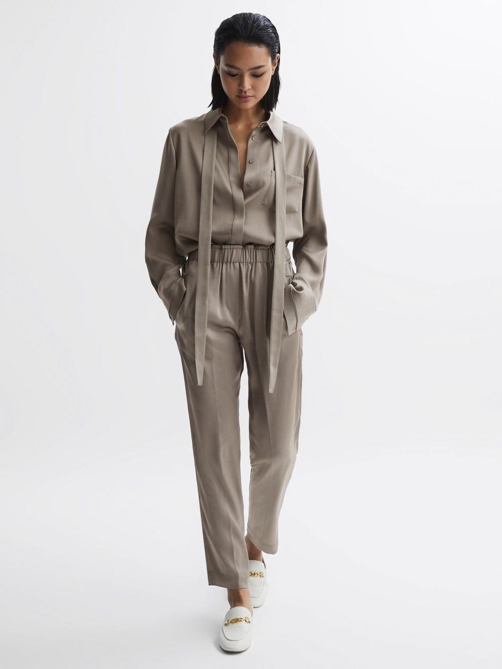 Reiss Trousers | Elaina Satin Elasticated Tapered Trousers Mink - Women