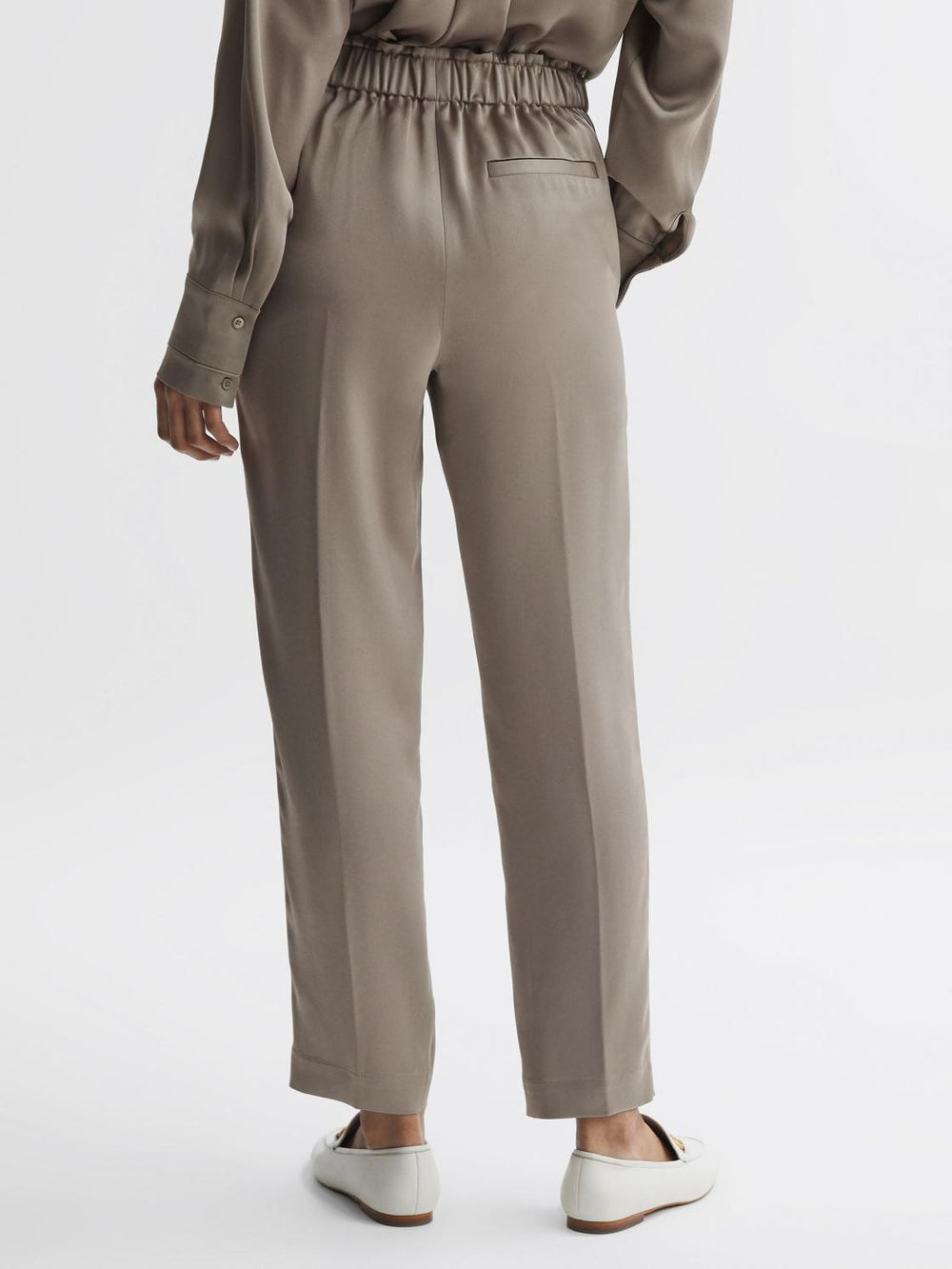 Reiss Trousers | Elaina Satin Elasticated Tapered Trousers Mink - Women
