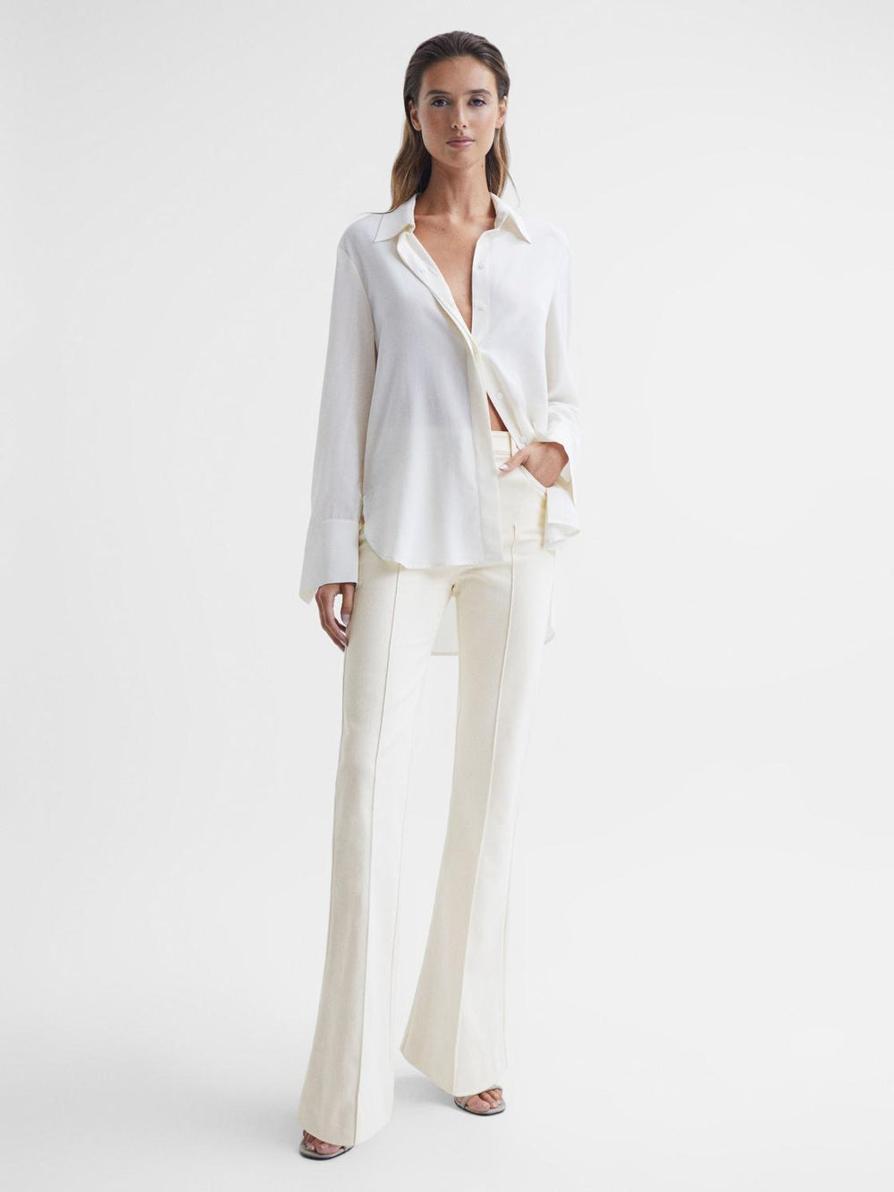 Reiss Trousers | Florence High Rise Flared Trousers Cream - Women