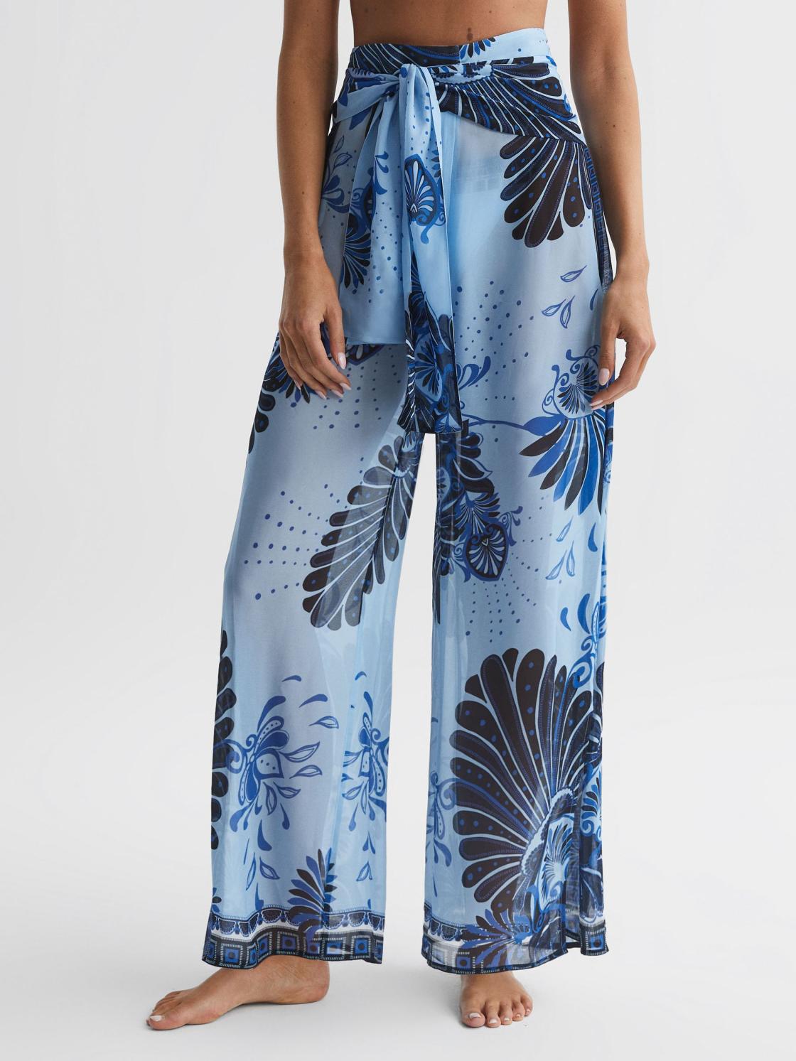 Reiss Trousers | Ginnie Sheer Wide Leg Trousers Blue Print - Women