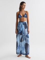 Reiss Trousers | Ginnie Sheer Wide Leg Trousers Blue Print - Women