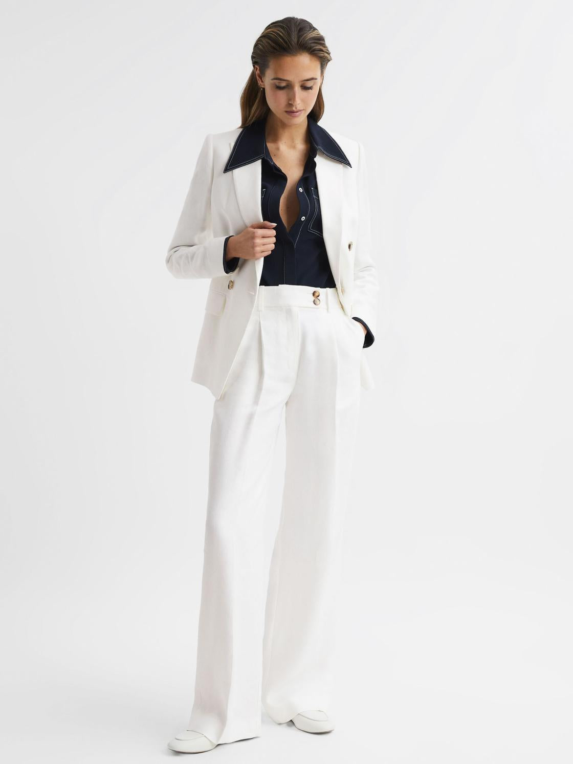 Reiss Trousers | Hollie Wide Leg Linen Trousers Blue - Women