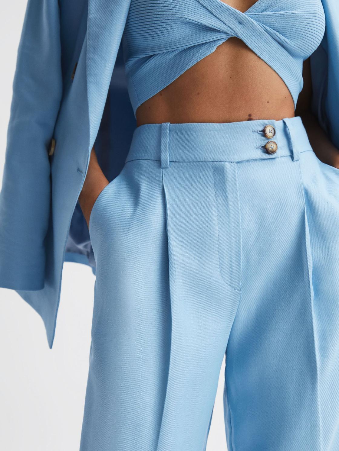 Reiss Trousers | Hollie Wide Leg Linen Trousers Blue - Women