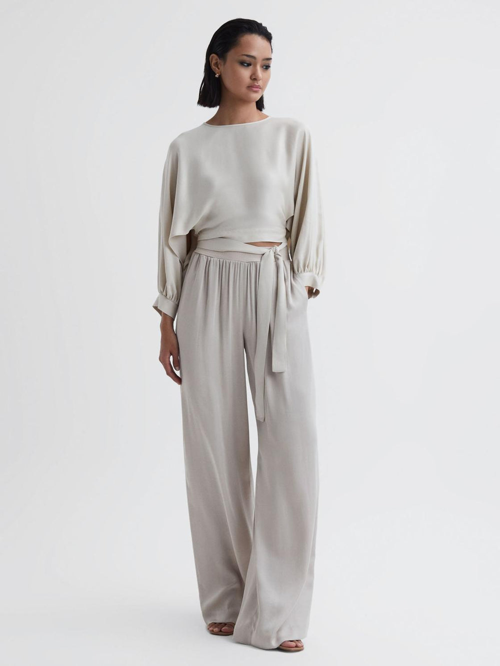 Reiss Trousers | Imogen Wide Leg Elasticated Waist Trousers Neutral - Women