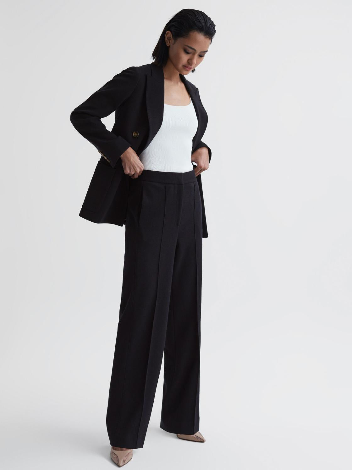 Reiss Trousers | Iria Wool Blend Wide Leg Trousers Navy - Women