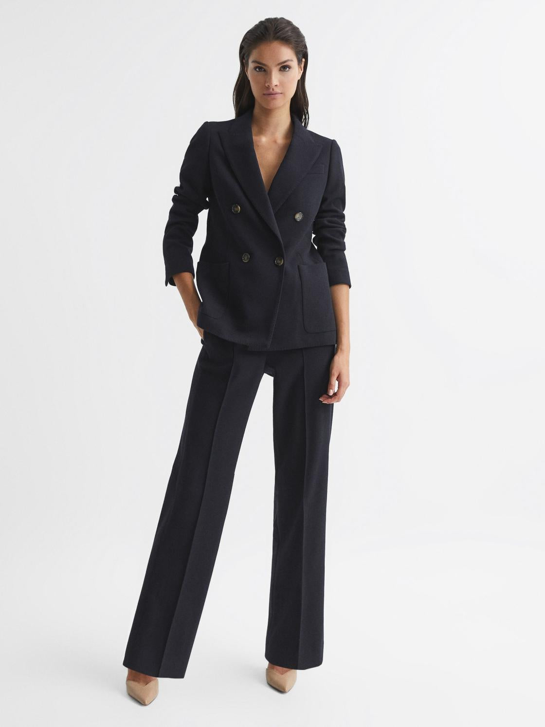 Reiss Trousers | Iria Wool Blend Wide Leg Trousers Navy - Women