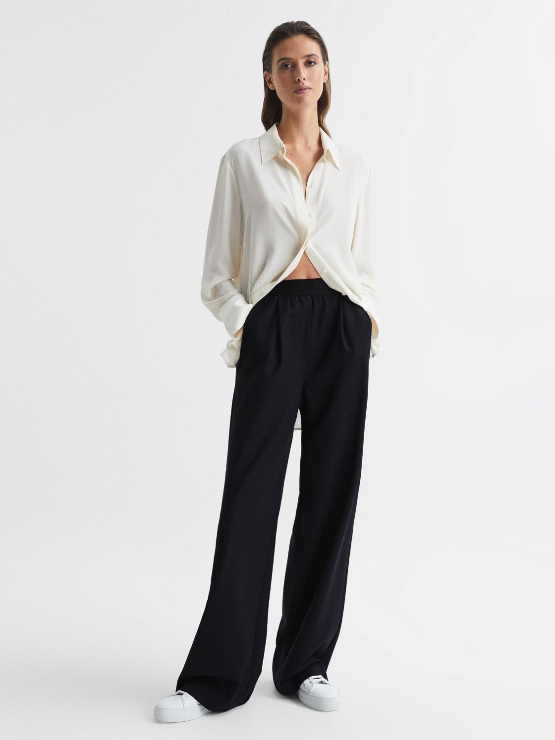 Reiss Trousers | Lena Logo Pull On Wide Leg Trousers Navy - Women