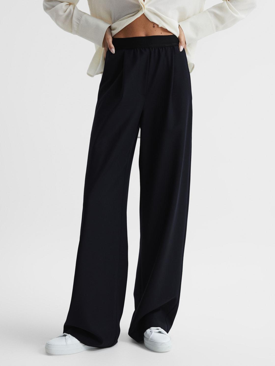 Reiss Trousers | Lena Logo Pull On Wide Leg Trousers Navy - Women