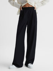 Reiss Trousers | Lena Logo Pull On Wide Leg Trousers Navy - Women