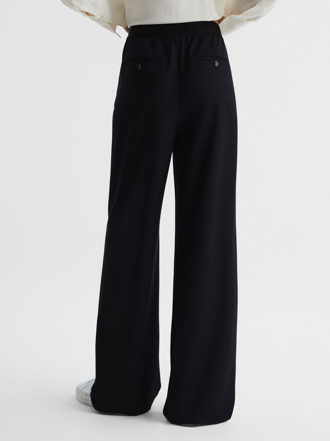 Reiss Trousers | Lena Logo Pull On Wide Leg Trousers Navy - Women