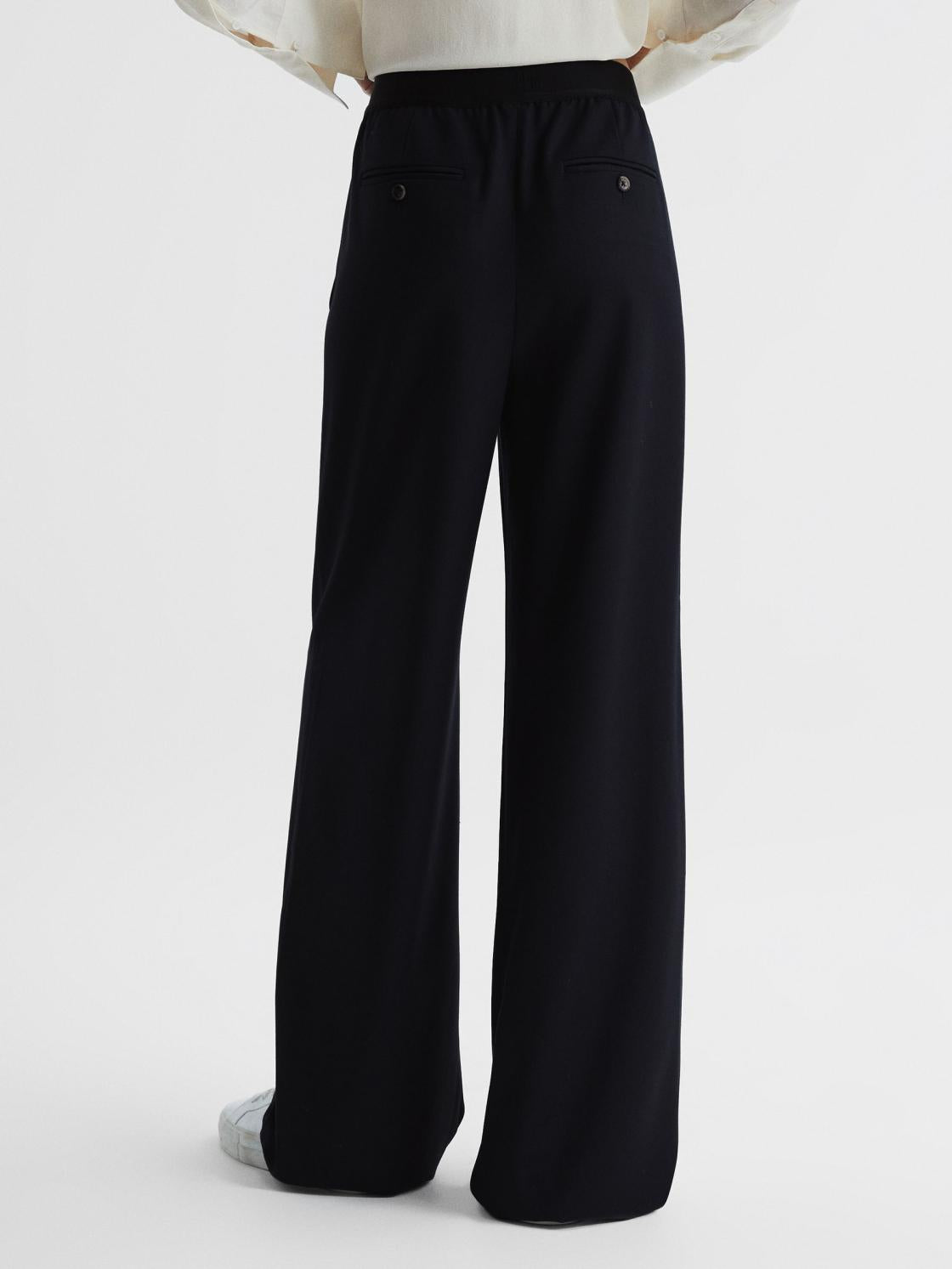 Reiss Trousers | Lena Logo Pull On Wide Leg Trousers Navy - Women